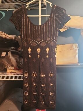EUC Bebe Black Crochet Knit Short Sleeve Mini Dress Medium